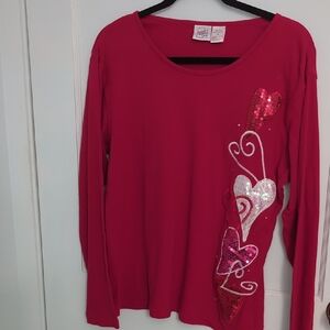 Peanut Butter & Jelly Size L Red Long Sleeve Top with Sequin Accents and Hearts